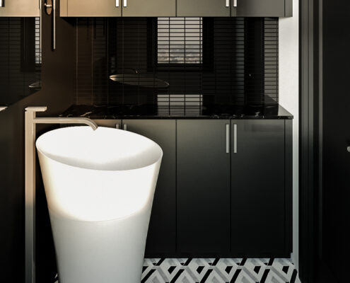 Black cabinets and white sink